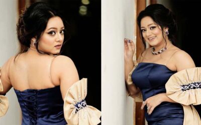 নীল-সোনালী গাউনে মোহনীয় দীঘি