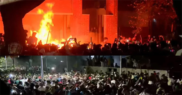 ৩২ নম্বরের বাড়িতে বিক্ষোভ-ভাঙচুর, অগ্নিসংযোগ